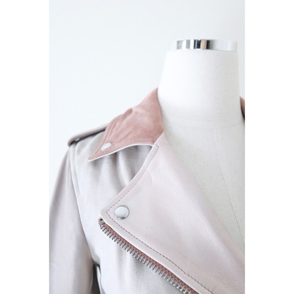 AllSaints Size 4 Balfern Biker Jacket Suede Leather Moto Cream Pink Mix - Picture 4 of 13